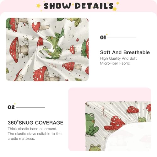 Image of Retro Frogs Mushrooms Crib Sheets Soft Breathable Fitted Baby Crib Sheets Mattress Cover for Girls Boys, 52 inch x 28 inch x 9 inch