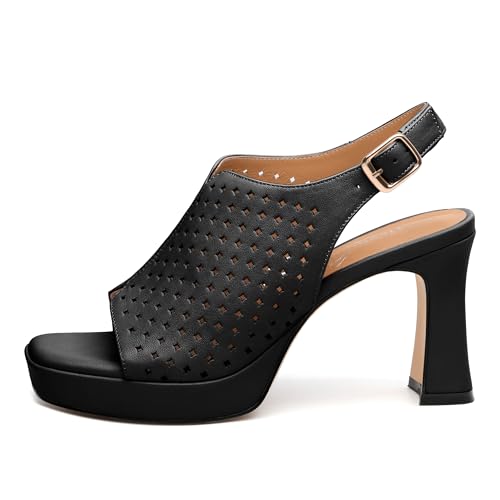 Womens Heeled Platform Sandals, Chunky Heel Square Peep Toe Hollow Out Slingback Sandals, Leather Upper, Lining and Insole Shoes for Women 3.3"2