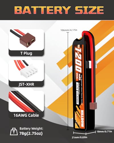 Hilldow 3S Airsoft Battery 1200mAh 11.1V with T Plug 20C Lipo Battery High Discharge Rate Rechargeable for Airsoft Guns