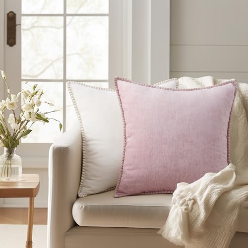 Image of decorUhome Fall Chenille Soft Cozy Throw Pillow Covers 24x24 Set of 2, Modern Farmhouse Boho Velvet Decorative Euro Sham Pillow Cases with Stitched Edge for Couch Sofa Bed Home Decor, Blush Pink
