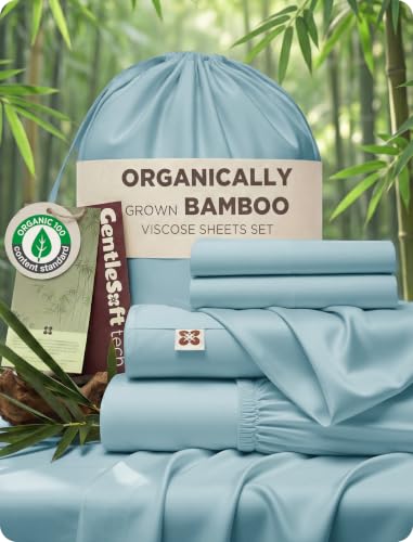 Image of Bedsure 100% Organically Grown Bamboo Viscose King Size Sheets Set | Cooling Bedsheets for Hot Sleepers | Luxury Silky Soft PureWoven | 18 inch Deep Pocket with Corner Straps | Oeko-Tex [Light Blue]