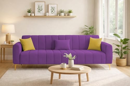 Image of Casaliving Velour Modern Velvet Sofa, Tufted Design Upholstered 3 Seater Sofa Set for Living Room, (Purple Colour) Premium Velvet Fabric Sofa