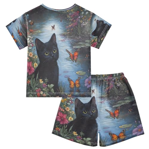 ALAZA Black Cat Kitten Butterfly Flower Pajamas Set Short Sleeve Cotton Sleepwear Summer Pjs 2 Piece 5-14Y2