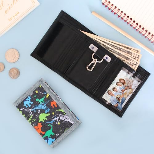 Image of Kids Wallet for Boys Girls Teens Trifold, Canvas Toddler Wallet for Boys, Cute Zipper Wallets Youth with Coin Pocket Card Holders, Novelty Wallets for Childrens Birthday Gifts, Dinosaur 02