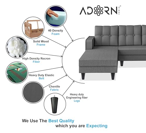 Image of Adorn India Maddox Tufted L Shape 6 Seater Sofa Set Lhs (Grey) (3 Year Warranty)