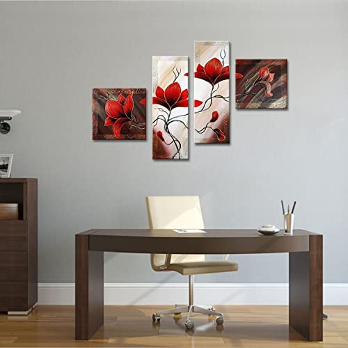 Noah Art-Handmade Floral Paintings, Modern Red Flower Picture Bedroom Wall Decor, Wooden Framed Ready To Hang 4 Piece Set Floral Canvas Wall Art For Home Decor #TOP1