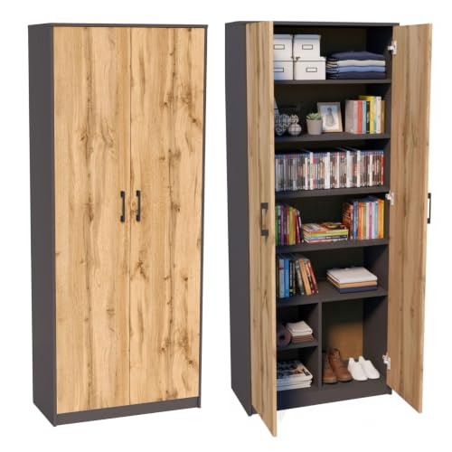 Home Collective Mehrzweckschrank mit 8 Fächern Besenschrank Haushaltsschrank in mattem Finish mit 6 Einlegeböden und 2 Türen 74 cm breit aus Laminatplatte und hochwertigen Polymergriffen graphit Eiche