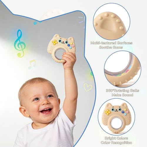 Image of Baby Teether Toy Silicone Cat Teething Ring -Game Controller, Baby Rattle Toy Chew Sensory Toys for Babies Over 3 Months, Teething Relief for Newborn Infant Essentials 0-6 6-12 Months, BPA Free -Beige