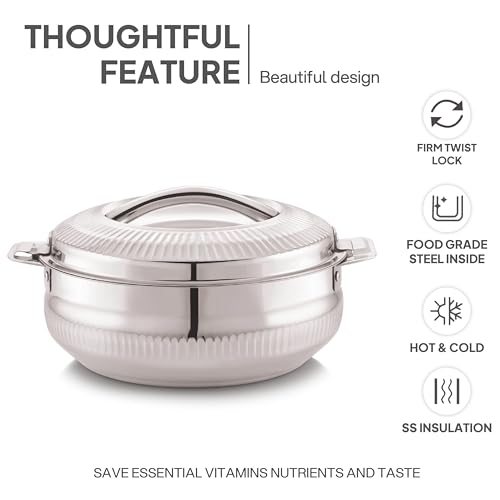 Image of CELLO Aroma 3200 Insulated Stainless Steel Casserole Hot Pot Box for Daily Use 3200 ml Silver | Keeps Food Hot & Warms for Long Hours, Food Grade Double Wall PU Insulated Roti Rice Hot Pot Casserole