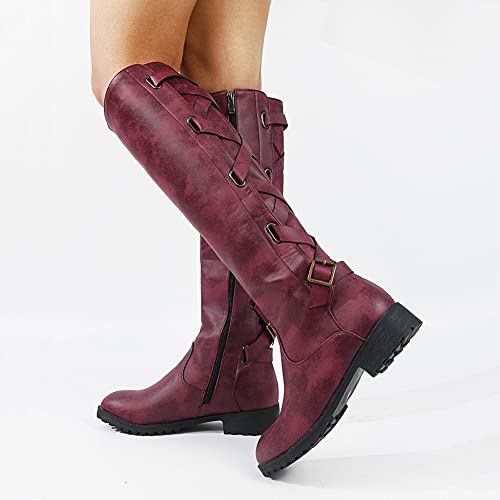 mikarka Back Strappy Knee High Boots Women, Zipper Low Chunky Heel Womens Boots Winter Motorcycle Riding Tall Boots Flats Shoes4