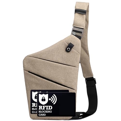Image of Anti Theft Crossbody Bags for Women Men, Multi-Pocket Shoulder Bag, Slim Sling Purse with 2 RFID Blocking Card (Right Shoulder-Khaki)