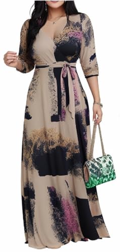 Plus Size Long Dresses for Women Casual 3/4 Sleeve Printed Wrap V Neck Elegant Semi Formal Maxi Church Dress with Belt XXL