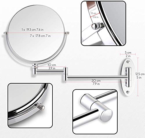 Miusco Wall Mounted Makeup Mirror, Premium 7X Magnifying 8'' Two-Sided Bathroom Vanity Mirror, Extendable Arm, Round, Chrome #TOP2