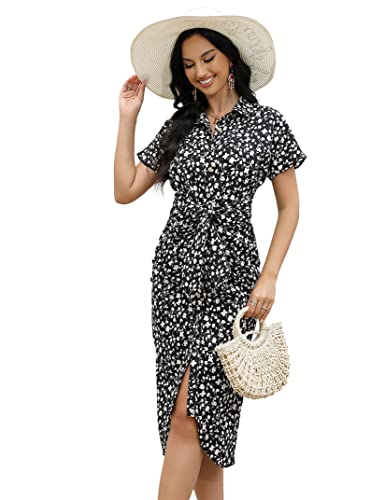 KOJOOIN Damen Kleid Casual Blumen Sommerkleid Hohe Taille Midi-Hemdkleid...