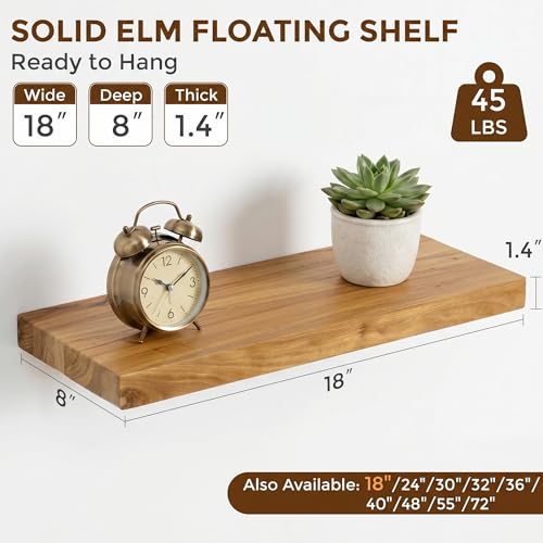 Image of Dreamland 18 Inch Long Floating Shelves Set of 2, Rustic Solid Elm Wood Floating Shelf Wall Mounted, 8 Inch Deep Wall Shelves with Invisible Bracket for Living Room Bathroom Bedroom Kitchen, Natural