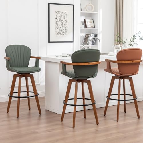 Image of LUNLING 30 inch Bar Height Stools Set of 3.Mid Century Modern Bar Stools,Green PU Leather Kitchen Island Stools,Wood High Barstools Swivel with Back and Arms for Home Bar Furniture