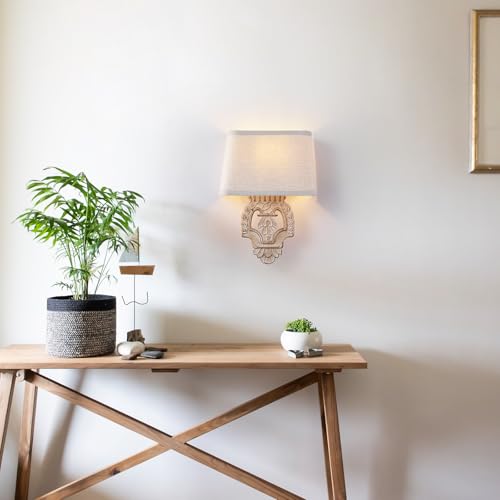 Image of Rustic Wall Sconce with Linen Shade Mini Vintage Antique Wood Wall Light Fixture Retro Farmhouse Mid Centry Wooden Wall Sconce for Bedroom, Hallway, Fireplace, Living Room, 2-Pack, E12
