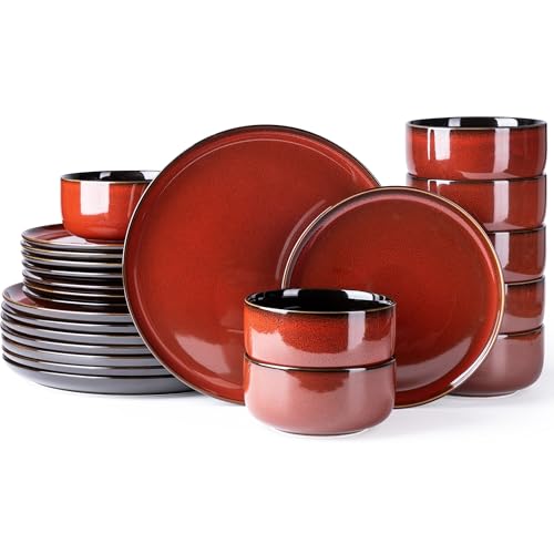 Image of LERATIO Ceramic Dinnerware Sets for 8,Plates and Bowls Sets,Handmade Reactive Glaze Dishes Set,Highly Chip and Crack Resistant | Dishwasher & Microwave & Oven Safe Dishes set,Service for 8-Red(24pc)