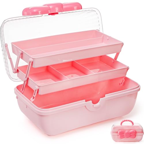 Noamus 11″ Three-Layer Multipurpose Storage Box, Clear Plastic Art Craft Organizer, Portable First Aids Case with Handle Trays for Kids, Sewing Makeup Nail Hair Accessories, Home School Office(Pink)