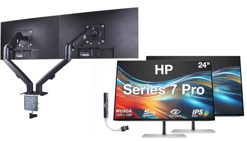 Image of HP Series 7 Pro 24 inch WUXGA IPS Monitor with 5ms Response Time, Anti Glare, Flicker Free, Swivel, Pivot, VESA Mount (100mm), Displayport, HDMI, Black /Silver 2 Pack w /DKZ Hub & ErgoFlexy Dual Mount Arms