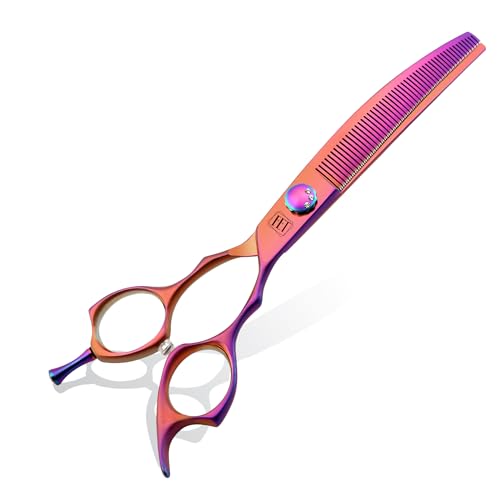 Dog Grooming Scissors: 7″ Curved Thinning Pet Shears Made Of Japanese 440C for Trimming Dogs Cats and Other Pets face and paws Haze Pink Dog Grooming Scissors: 7″ Curved Thinning Pet Shears Made Of Japanese 440C for Trimming Dogs Cats and Other Pets face and paws Haze Pink