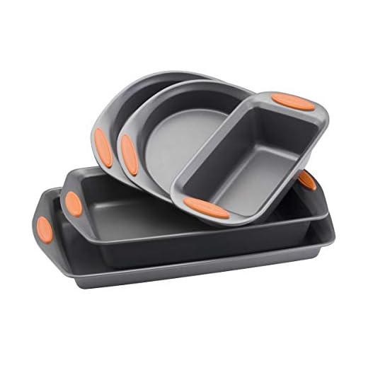 Rachael Ray 55673 Nonstick Bakeware Set with Grips includes Nonstick Bread Pan, Baking Pans and Cake Pans - 5 Piece, Gray with Orange Grips