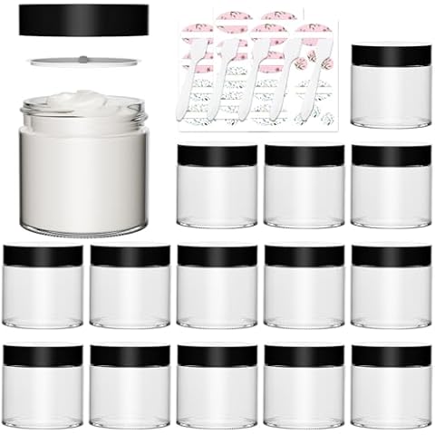 4 oz 15 Pack Clear Glass Jars with Lids,120ml Empty Glass Cosmetic Jars with Inner Liners and Black Lids,Refillable Round Glass Containers Cream Jars for Lotions,Ointments,Bath Salts and Travel Use Cover