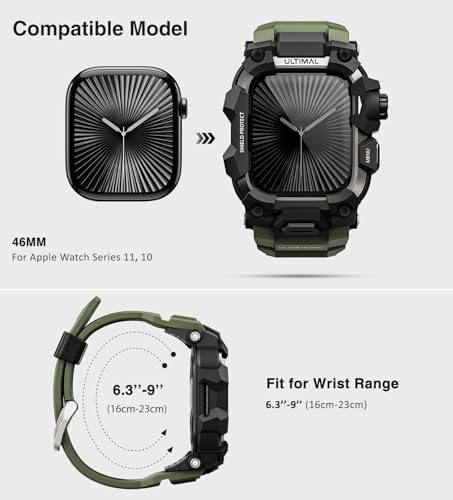 Image of ULTIMAL Rugged Case with Band for Apple Watch 46mm,Compatible with Apple Watch Series 11 /10, Military Grade Shockproof Bumper Cover for iWatch Tactical Band Men (Army Green, 46mm)