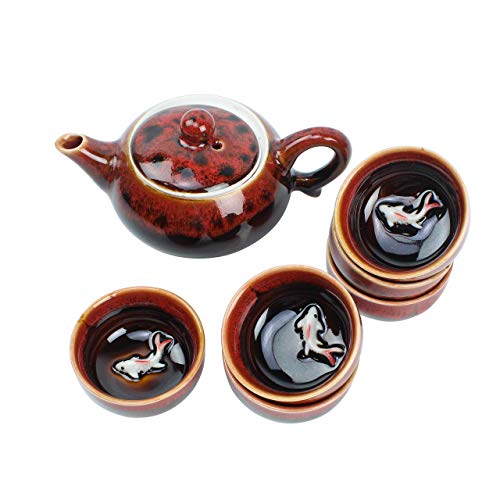 Red Traditional Porcelain Loose Leaf Chinese Teapot 6oz Set With 6 Unquie Small Tea Cup 16oz Fancy Raised Kio Fish Antique Vintage Great For Brewing Oolong Jasmine Chai English Breakfast Chammomile G