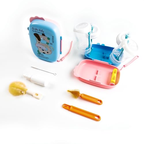 Image of Baby Bottle Brush,6 in 1 Bottle Cleaner Brush Travel Kit with Extendable Silicone Bottle Brush,Drying Rack,Nipple Brush,Straw Brush,Soap Dispenser & Organizer Case (Blue)