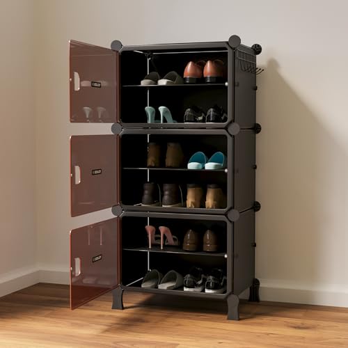 Image of BOXJOY 6 Shelf Black Shoe Rack for Home with 3 Brown Doors, Hard PET Plastic with Metal Door Frame, Shoe Chappal Slipper Sandals Stand