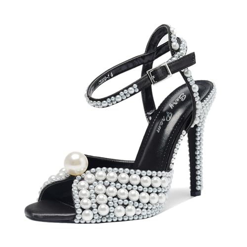 Women's Sparkly Pearl Open Toe Ankle Strap Stiletto 4.3IN Heel Sandals Nightclub Party Wedding Shoes