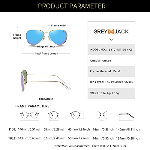 Image of grey jack Polarized Classic Aviator Sunglasses Military Style for Men Women Golden Frame Ice Blue Lens Medium