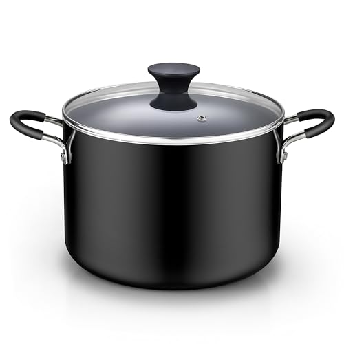 Cook N Home Nonstick Stockpot with Lid 8-QT, Professional Deep Cooking Pot Canning Cookware Stock Pot with Glass Lid, Black