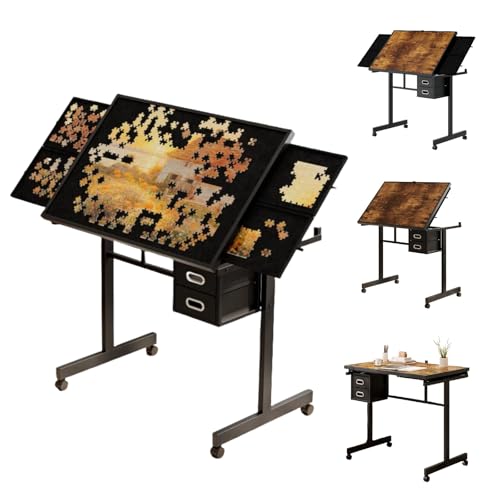 Adjustable Tilt 0-75° Puzzle Table for Adults 1000 Pieces, Dual-Use Office Desk with 4 Trays, 2 Drawers, Locking Wheels & Wooden Cover, Black Metal Board