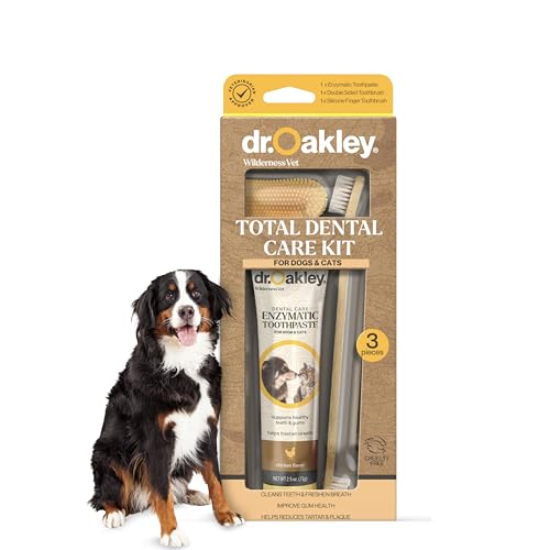 Dr. Oakley Total Dental Care Kit for Dogs & Cats – Chicken Flavor Enzymatic Toothpaste, Dual-Head Toothbrush & Finger Brush – Helps Reduce Tartar & Plaque – Vet Recommended – 3-Piece Set