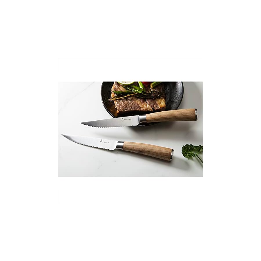 Natura Series 4.5” Serrated Steak Knife Set of 8, High Carbon Stainless Steel, Wooden Handle