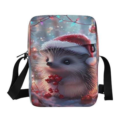 Crossbody Bag Cute Hedgehog Christmas Hat Messenger Bag for Women Men Purse Shoulder Bag Satchel Bag with Adjustable Strap 202b9874