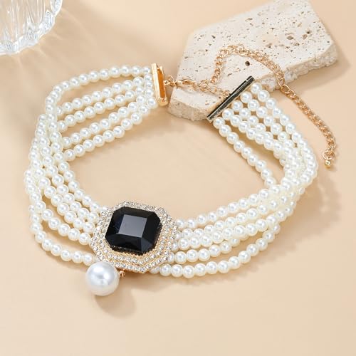 JNF Gold Plated Pearl Choker Collar Necklace for Women Crystal Rhinestone Pearl Statement Necklace and Earrings Bridal Pearls Diamond jewelry Set for Wedding2