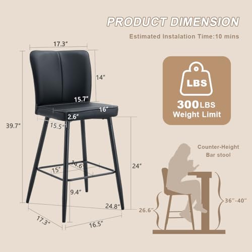 Image of Counter Height Bar Stools Set of 2,27''Kitchen Island Stools with Back,Black Barstools with Sturdy Metal Legs,Modern Bar Stools Ideal for Kitchen Island Pub Cafe(Faux Leather-Black)