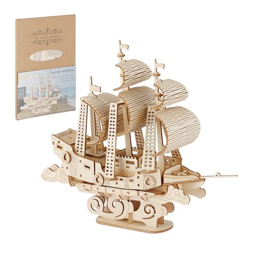 Relaxdays 3D Puzzle Schiff, HBT: 18x22x6,5 cm, Holzpuzzle Kinder & Erwachsene, Modellbausatz, Schiffsmodell, Holz, Natur