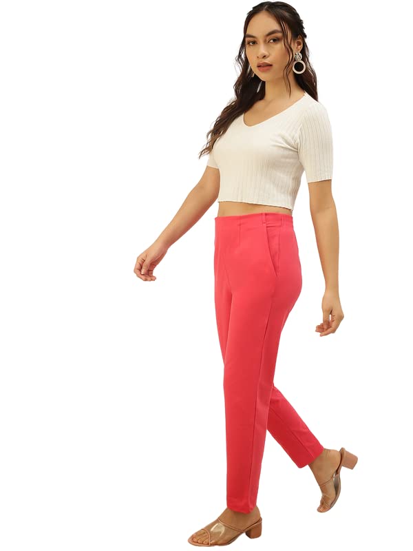 Image of De Moza Women Pencil Fit Cigarette Pant | 95% Cotton 5% Elastane | Mid Rise | 2 Pockets | Casual & Office Wear