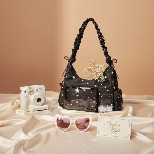 Bolso tipo tote negro con ventana transparente y estampado de estrellas miniatura 3