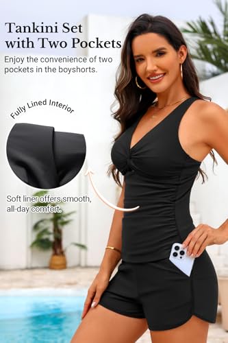 Image of Women Tankini Swimsuit with Shorts Two Piece Tummy Control Bathing Suit | Pockets,Tummy Control,Removable Bra Pads,Quick Dry,Adjustable Shoulder Straps