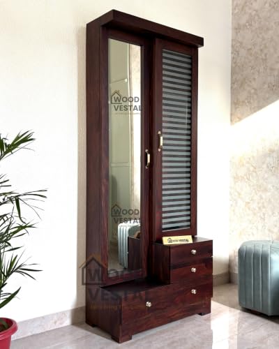 Image of Wood Vestal Sheesham Wood Dressing Table with Double Door | Wooden Dressing Table | Sheesham Wood | Bedroom Furniture, Walnut Finish | DD - D
