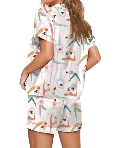 Image of SHESHOW Pajamas for Women Set Satin Button Down Short Sleeve Top and Shorts Pjs Sets Sport Ball Print Sleepwear XS-XXL