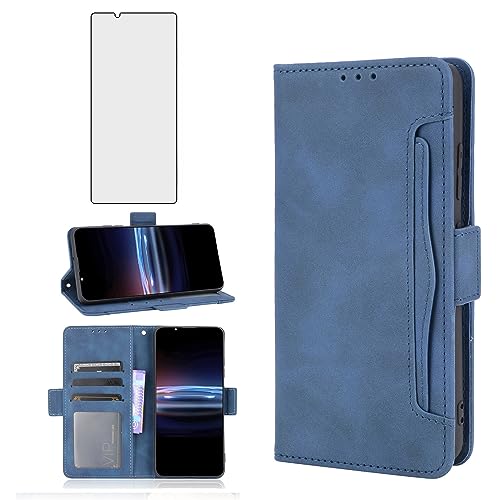 Asuwish Compatible with Sony Xperia Pro I Wallet Case and Tempered Glass Screen Protector Card Holder Stand Leather Flip Cell Accessories Phone Cover for Experia Xperiapro ProI Women Men Blue