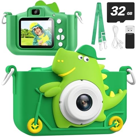 Upgrade Dinosaur Kids Camera for 3-12 Year Old Boys Girls, Christmas Birthday Gifts for Kids, 1080P HD Kids Digital Video Camera with 32GB SD Card, Multi-Functional Cute Portable Kids Toys Cover