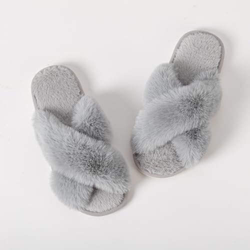 Image of Enteer Women's Slipper Memory Foam Cross Band Fuzzy Slippers Open Toe Cozy House Slippers Cozy Plush Bedroom Indoor Outdoor