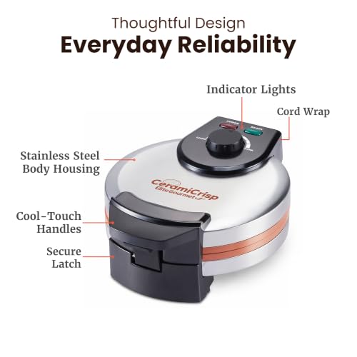 Image of Elite Gourmet Belgian Waffle Maker, Ceramic Nonstick, 1100W Stainless Steel | PFAS-Free CeramiCrisp Plates, Adjustable Browning Control, Power & Ready Indicator Lights, Vertical Storage